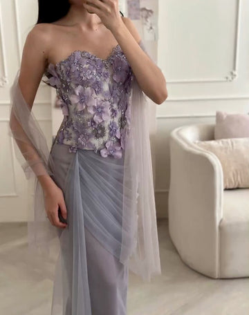 Exquisite Purple Floral Sheath Sweetheart Neck Tulle Prom Dress Evening Dress Formal Dress HZ1023